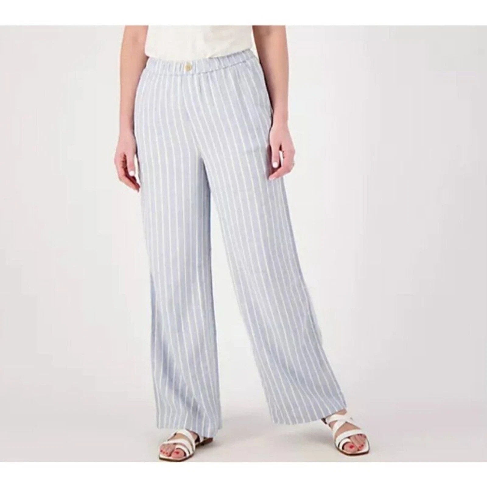 Denim & Co. Naturals Printed Linen Pant Blue Striped Womens Plus Sz 4x Wide Leg